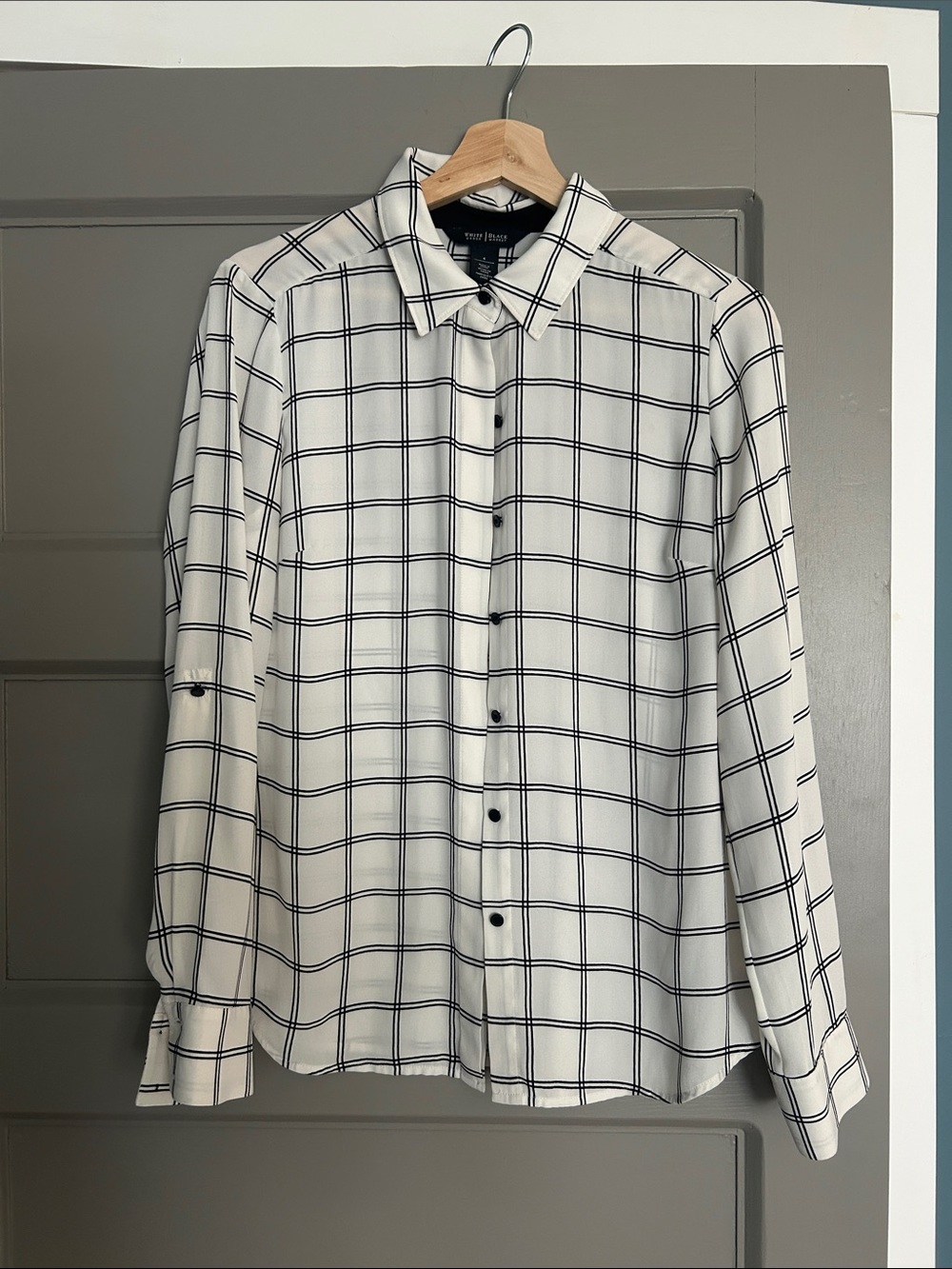 White House Black Market White Windowpane Check Dress Shirt